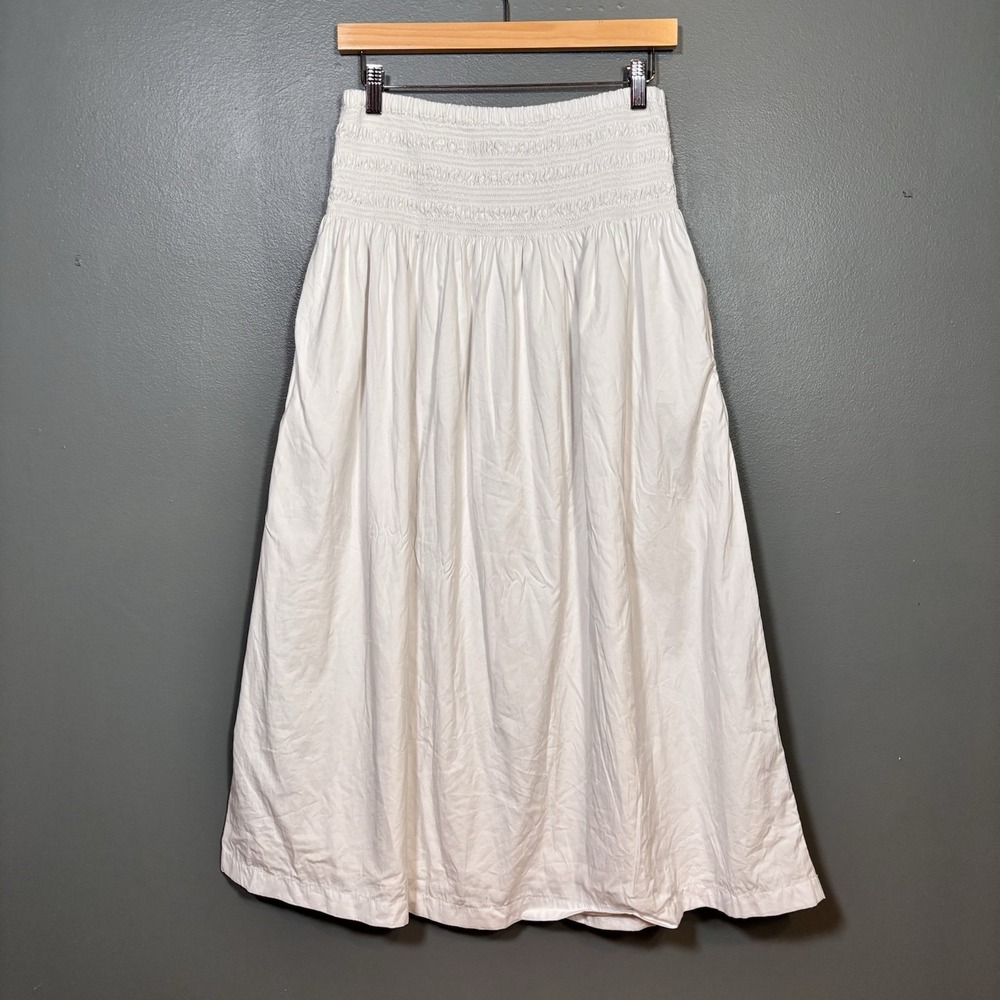 Madewell Maxi Skirt Womens Small Cottage Boho Smocked Waist Pockets Cotton White - Picture 2 of 9